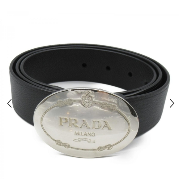 Prada Other - Authentic PRADA Brown Saffiano Leather Engraved Oval Plaque Buckle Belt 85/34